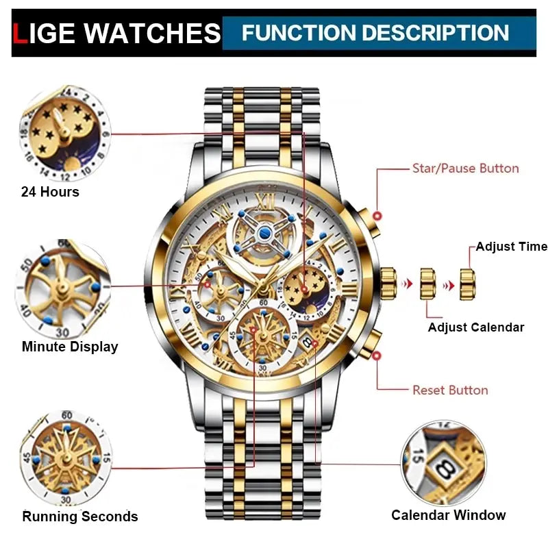LIGE GOLD VI 360 Gold Luxury Chronograph Watch