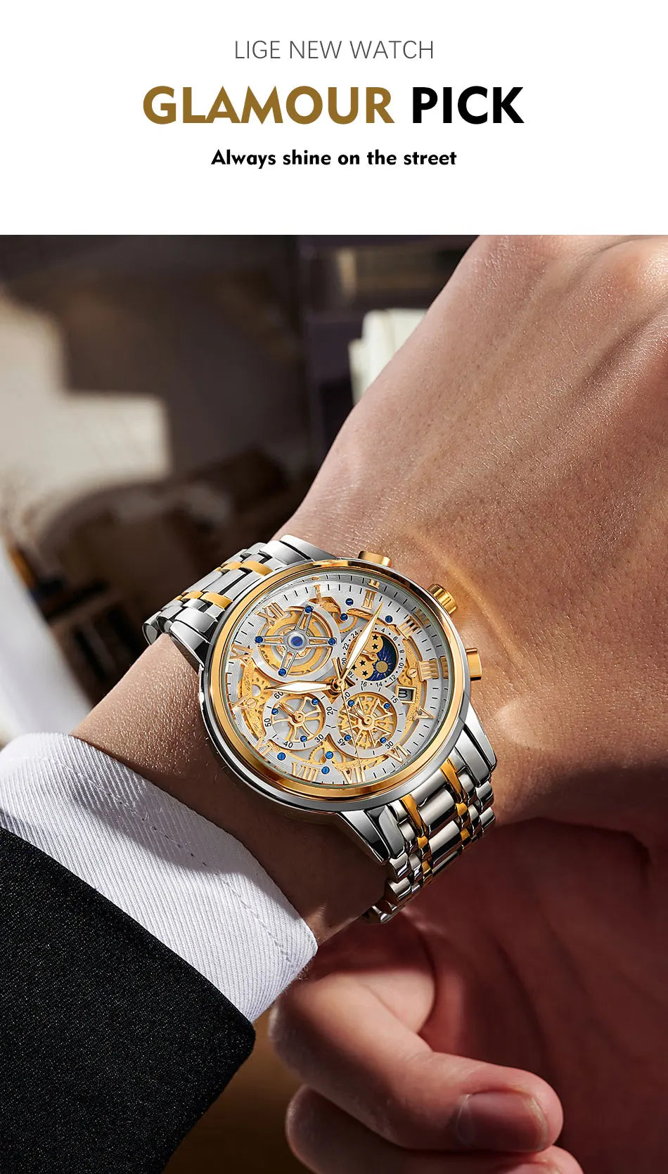 LIGE GOLD VI 360 Gold Luxury Chronograph Watch