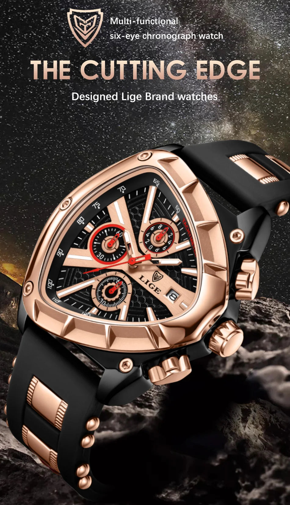 LIGE GT5 Chronograph Rose Gold Sports Watch