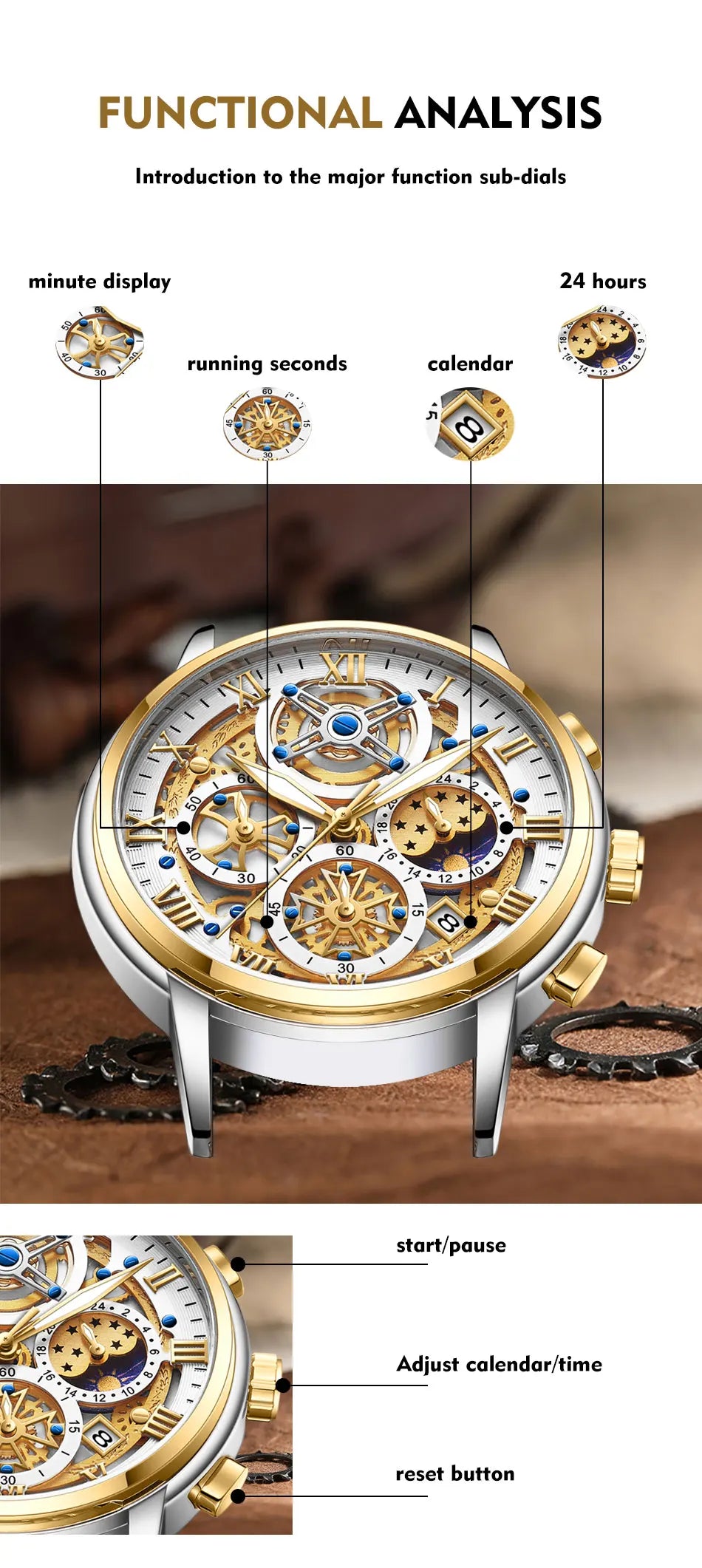 LIGE GOLD VI 360 Gold Luxury Chronograph Watch