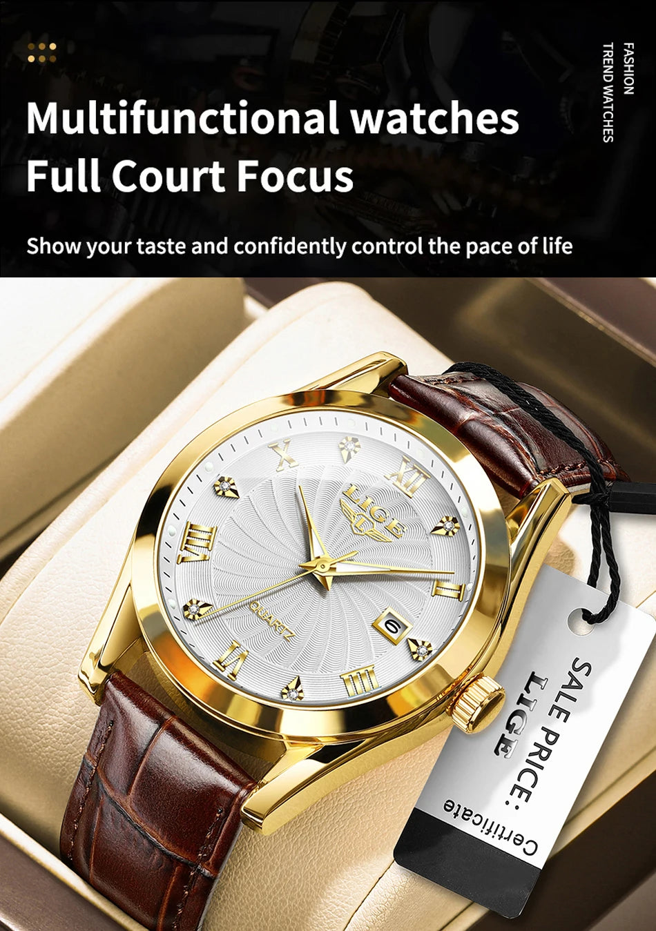 OLEVS 135 PRO Gold Quartz Leather Watch