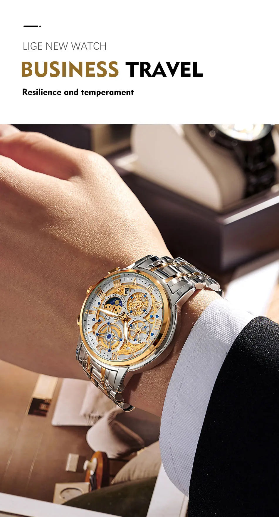 LIGE GOLD VI 360 Gold Luxury Chronograph Watch