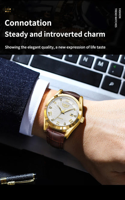 OLEVS 135 PRO Gold Quartz Leather Watch