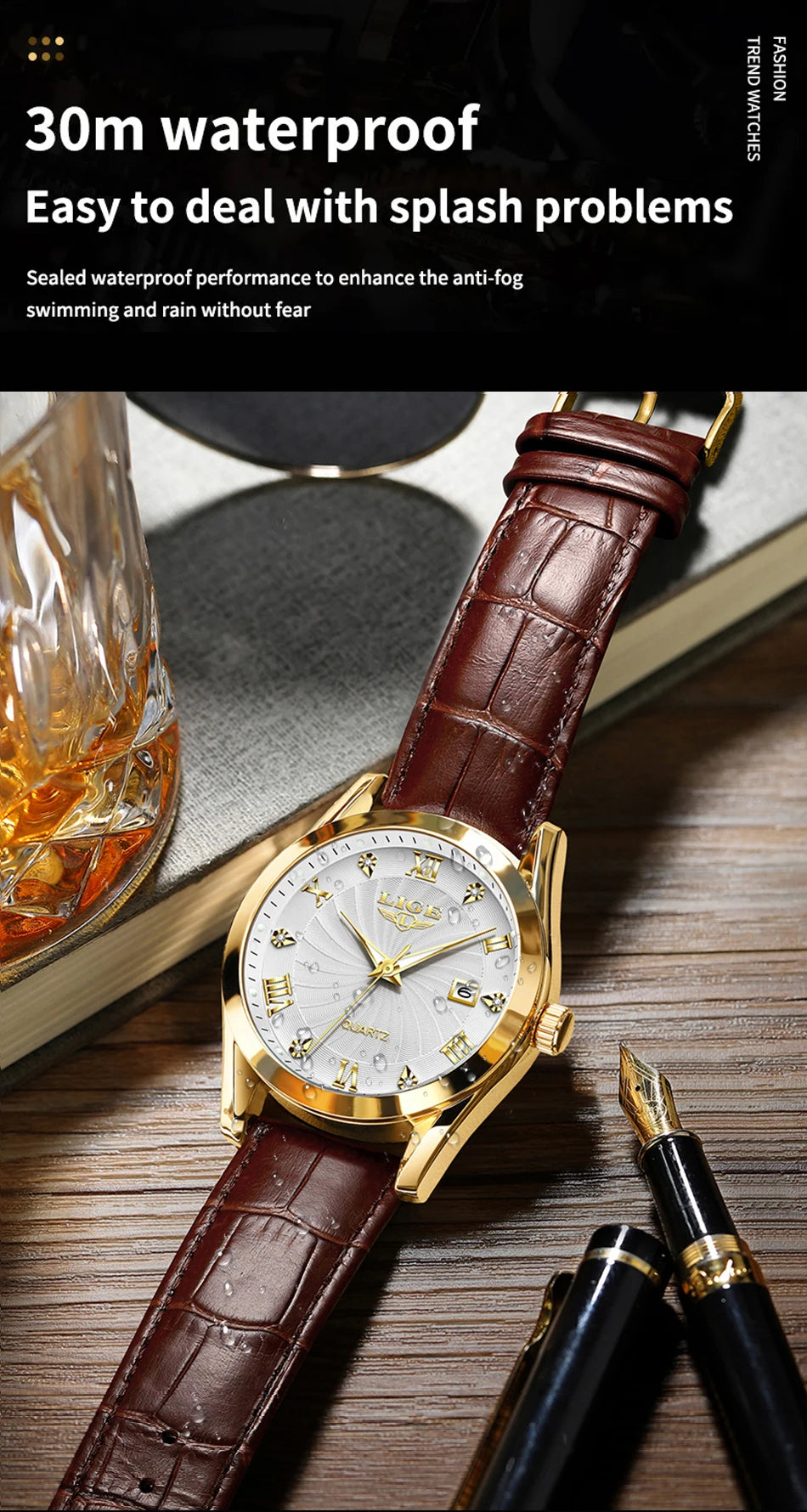 OLEVS 135 PRO Gold Quartz Leather Watch